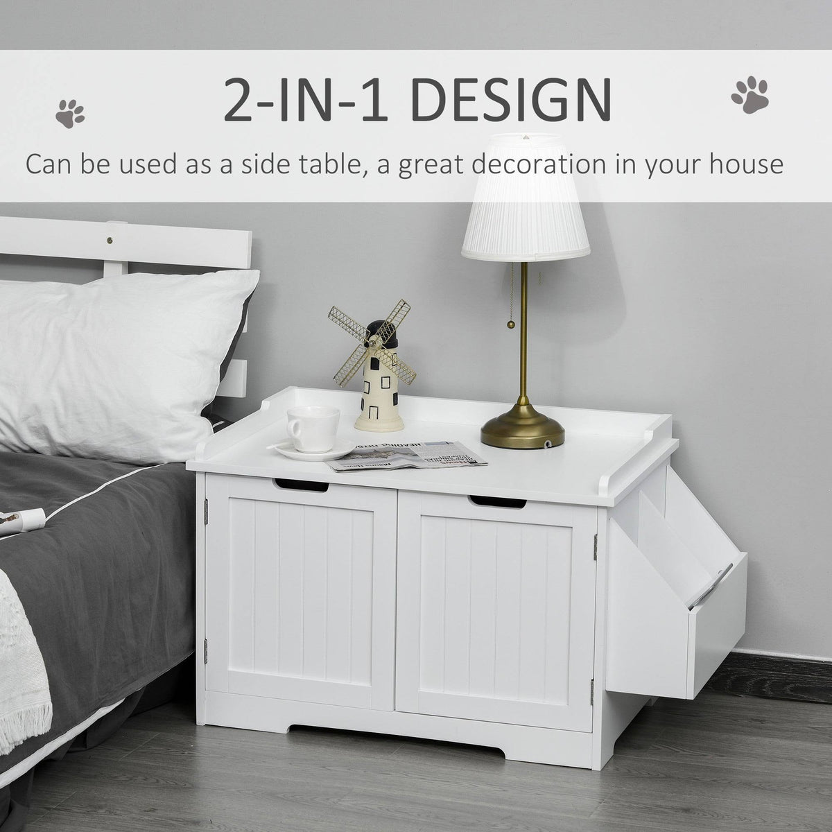 White Wooden Cat Litter Box Enclosure with Storage Rack B7126