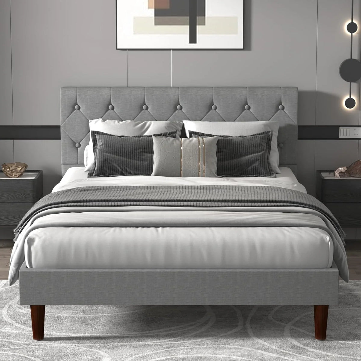 Queen Size Upholstered Platform Bed Frame with Wooden Slats P81055