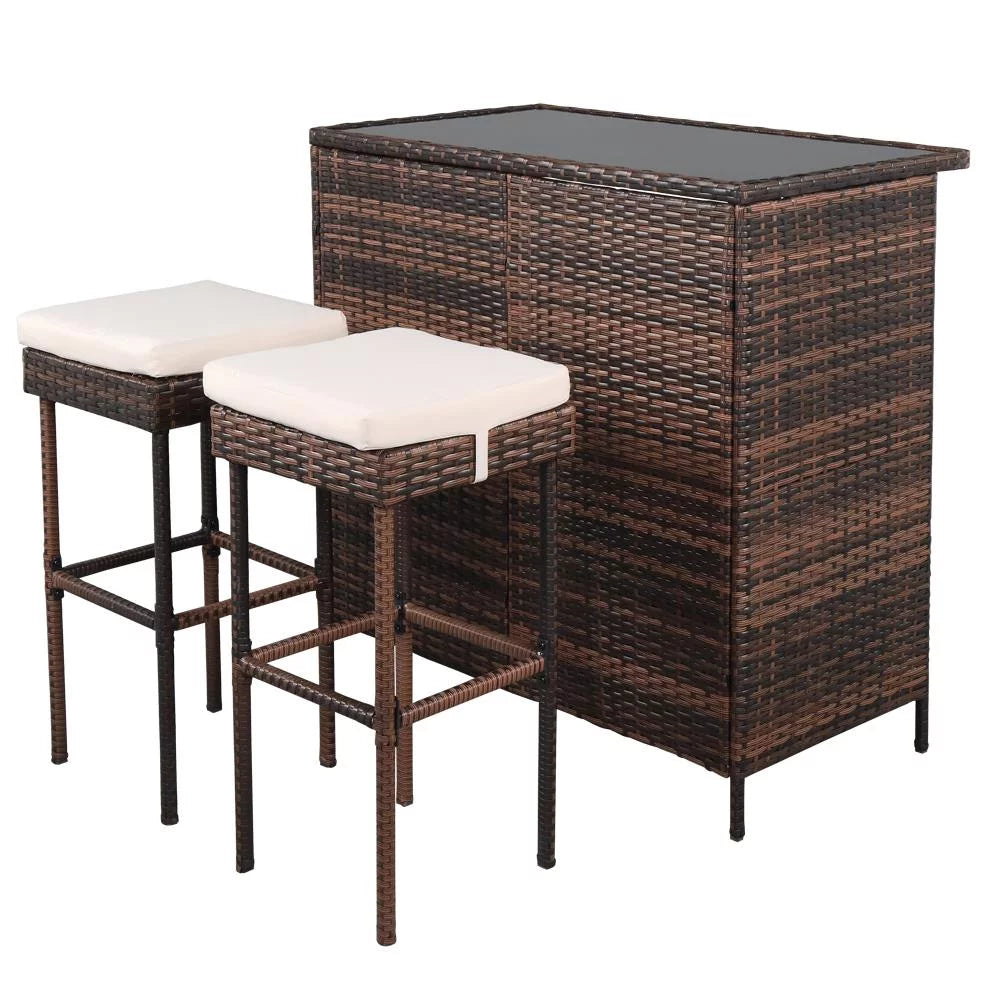 3PCS Patio Rattan Wicker Bar Table Stools Dining Set Brown G83721