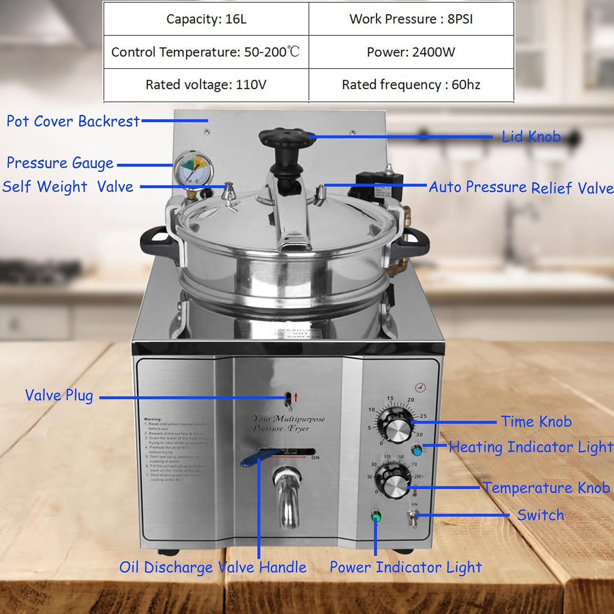 16L Stainless Steel Countertop Pressure Fryer with Timer and Variable Thermostat Y60884