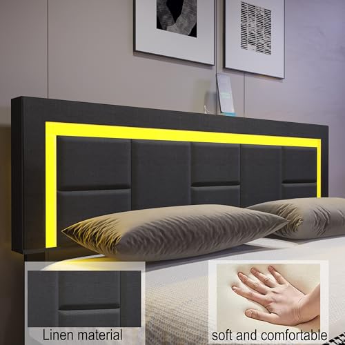 Queen LED Bed Frame with 4 Storage Drawers, Linen Upholstered, Adjustable Headboard, Grey S73472