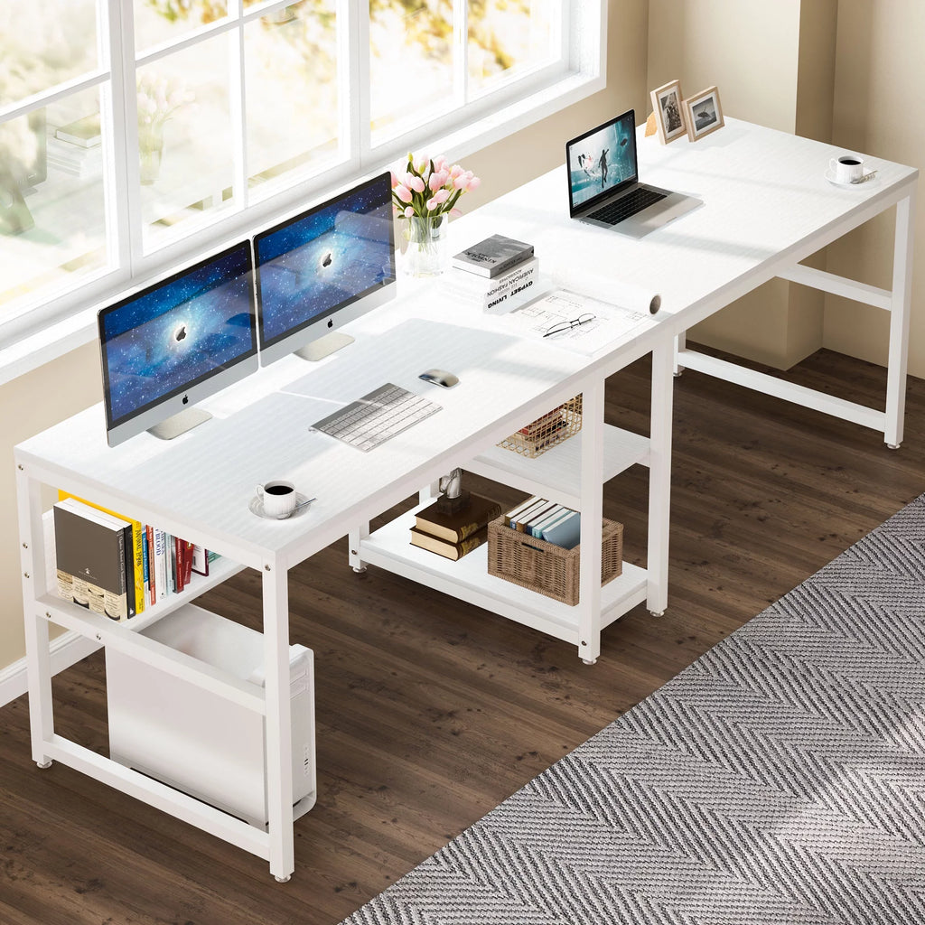White Two Person Desk with Bookshelf C2577