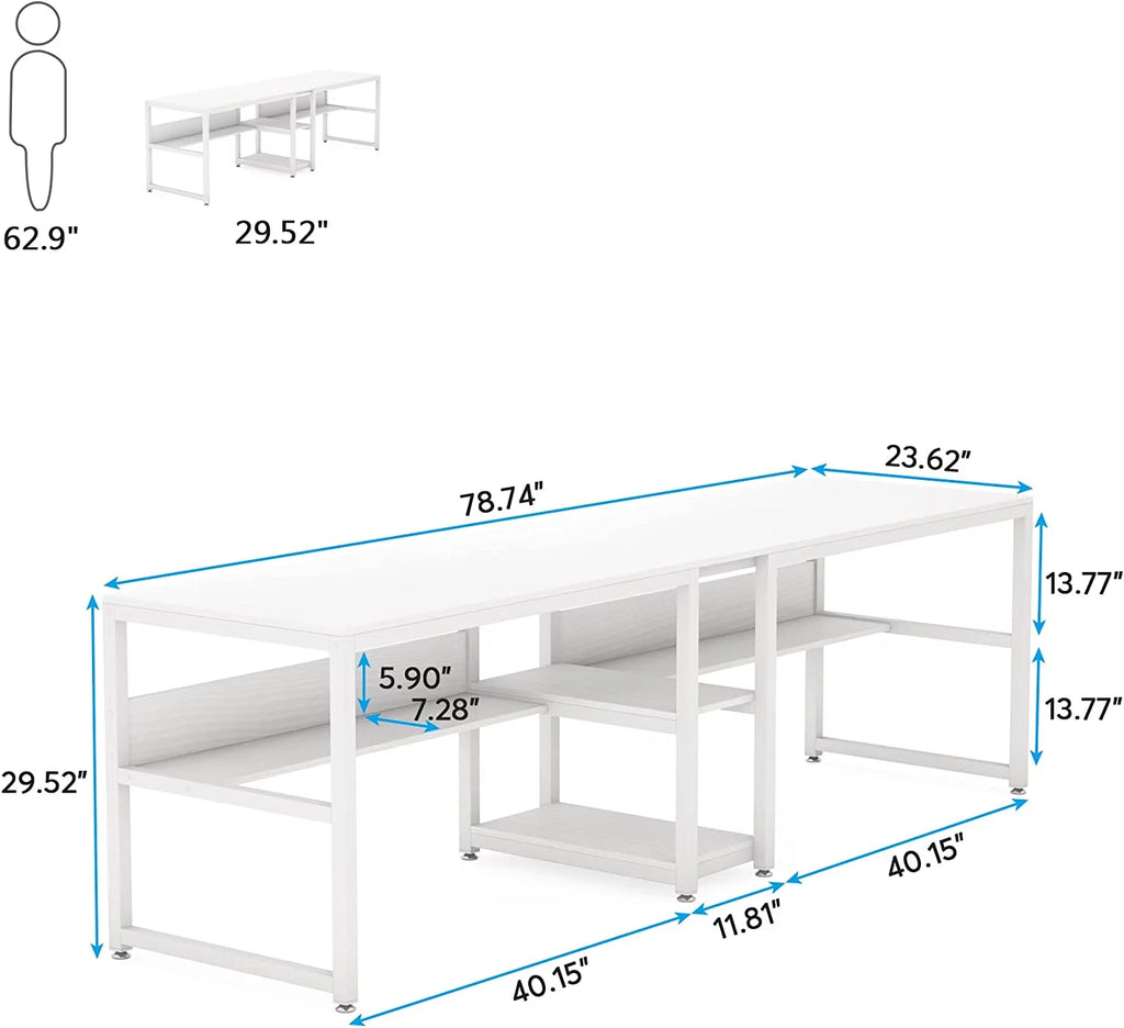 White Two Person Desk with Bookshelf C2577