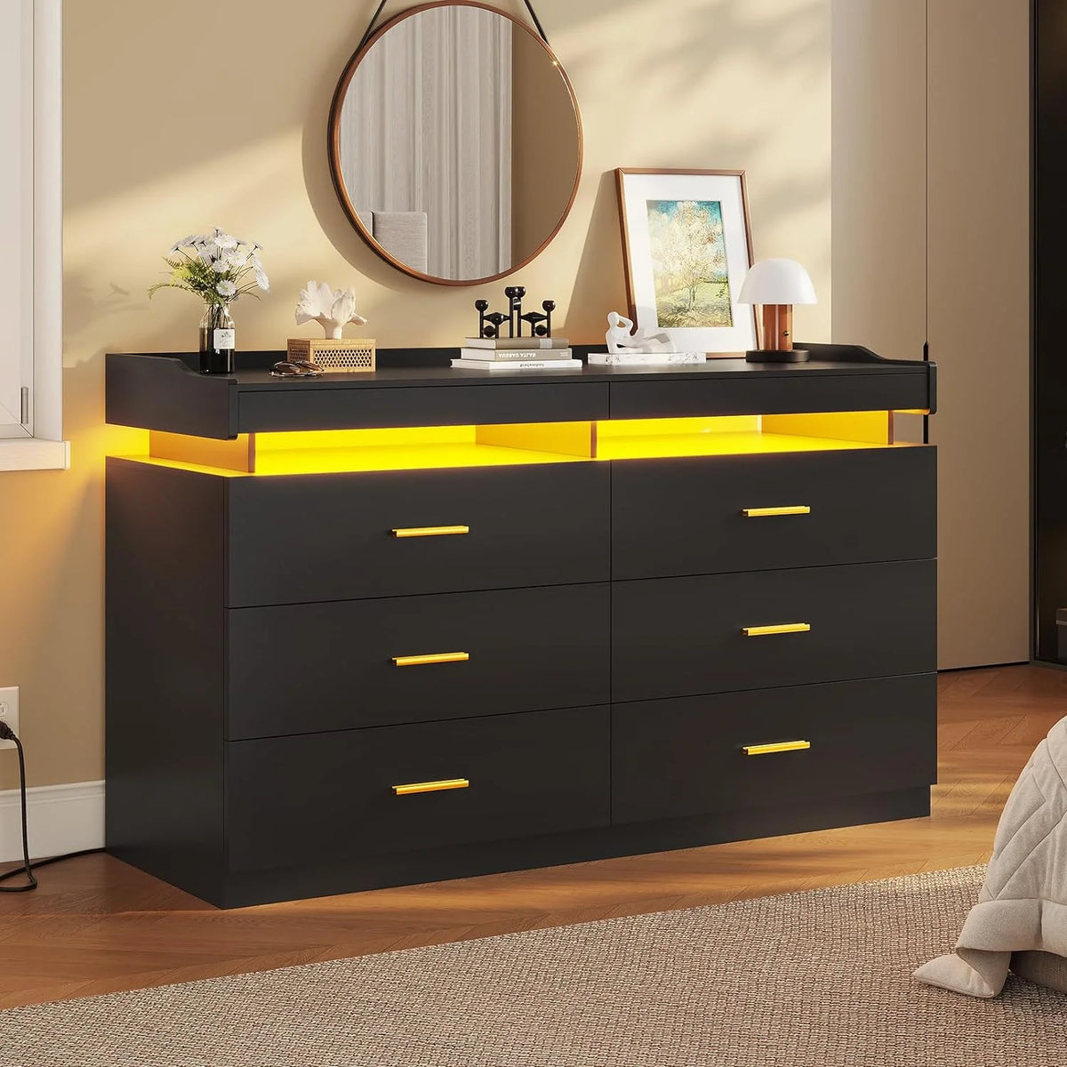 Black 6 Drawer Wooden Dresser with 2 Pull-Out Trays U46718