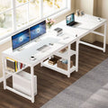 White Two Person Desk with Bookshelf C2577