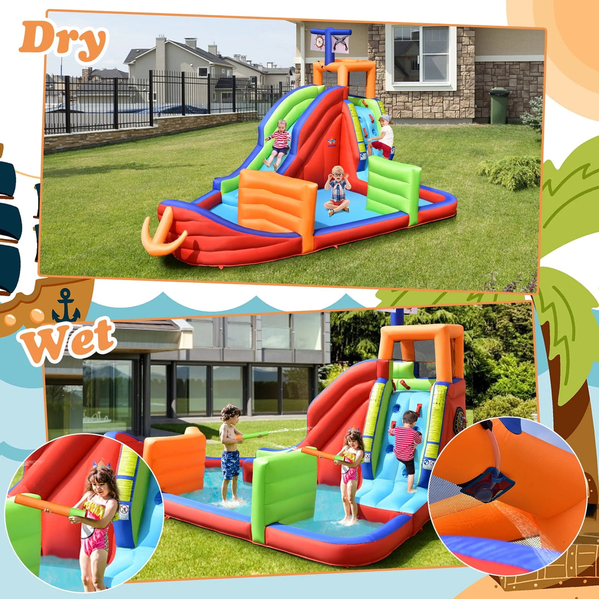 6-in-1 Inflatable Castle with Water Guns & Blower G452