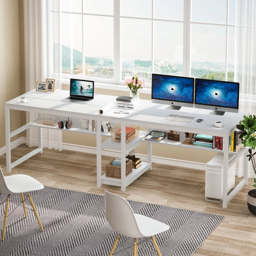 White Two Person Desk with Bookshelf C2577