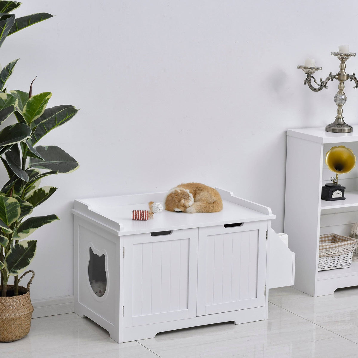 White Wooden Cat Litter Box Enclosure with Storage Rack B7126