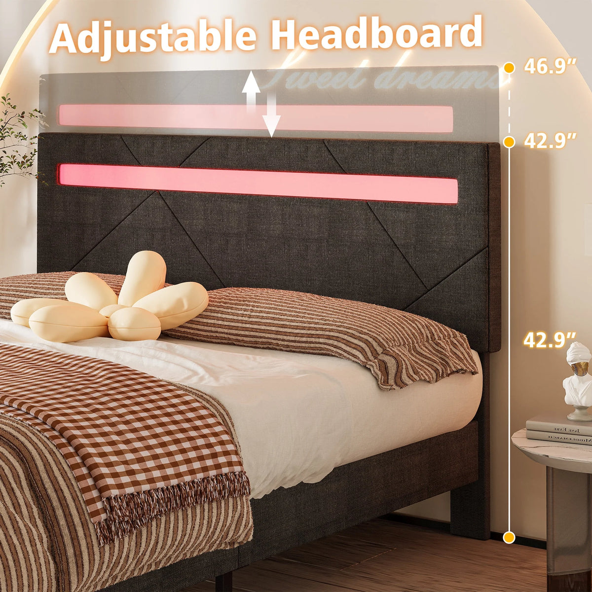Full Size Grey Upholstered Platform Bed Frame with LED Lights P2336