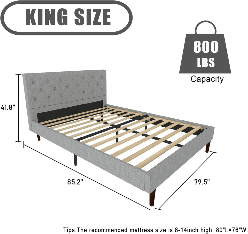 Queen Size Upholstered Platform Bed Frame with Wooden Slats P81055
