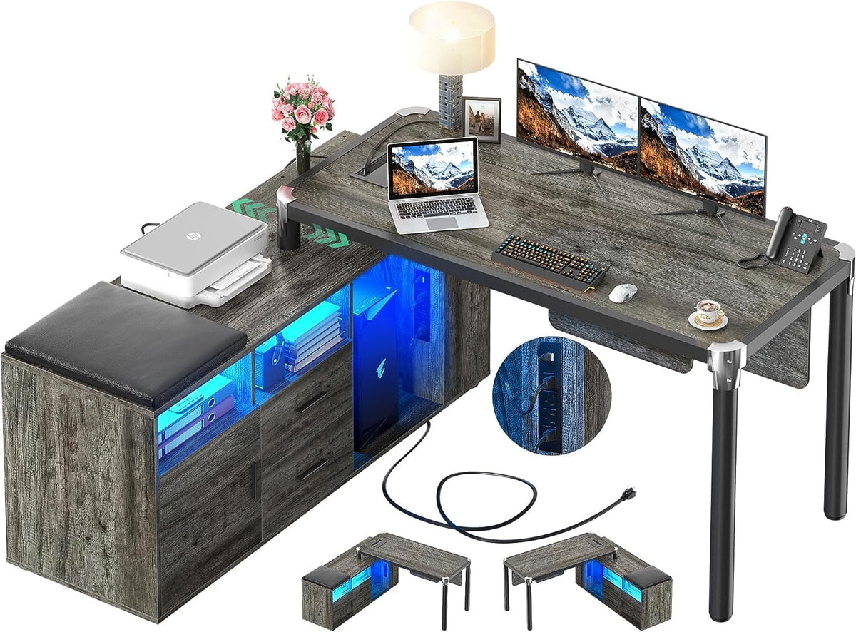 Grey 55 Inch L Shaped Desk with File Cabinet and Storage Shelf Y968580