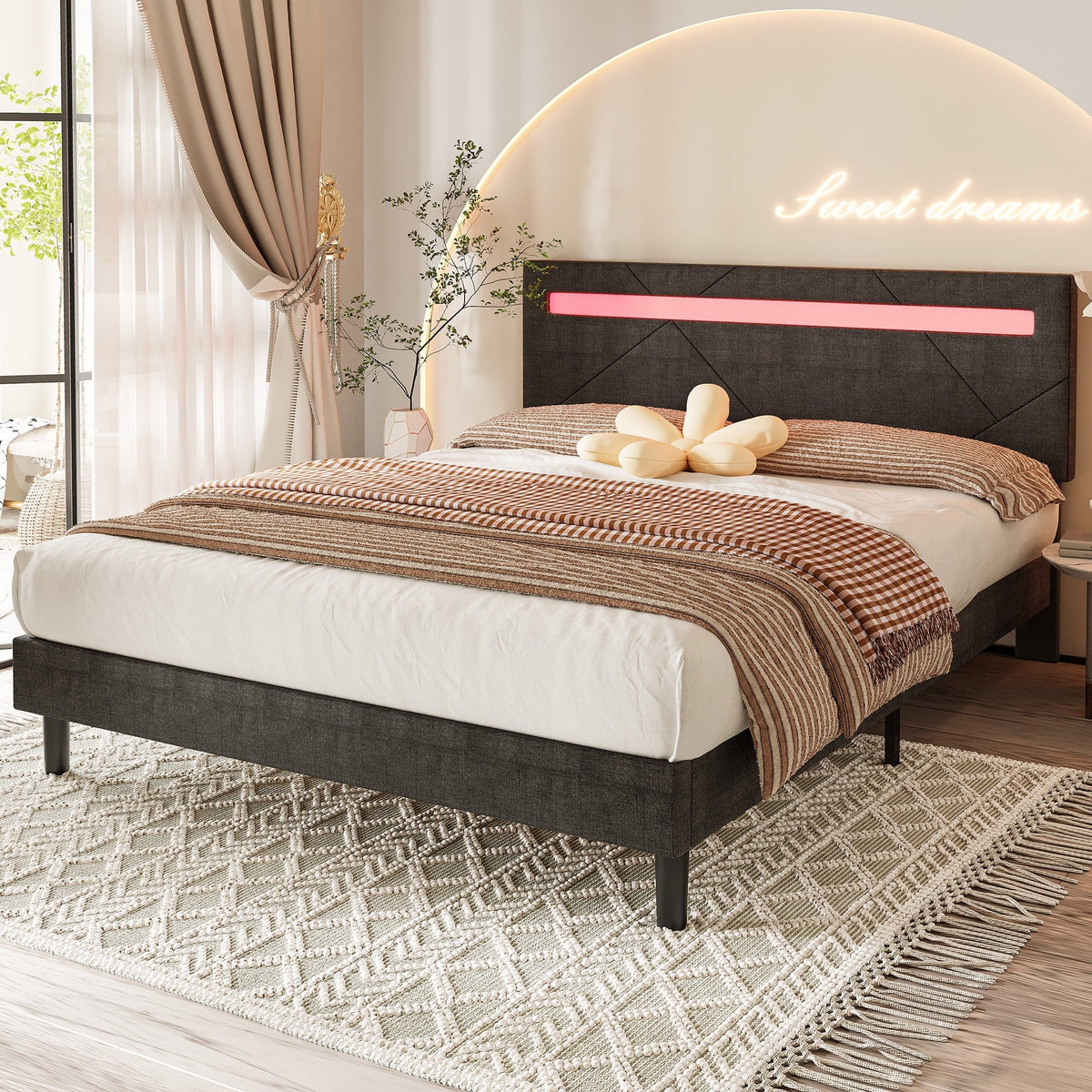 Full Size Grey Upholstered Platform Bed Frame with LED Lights P2336