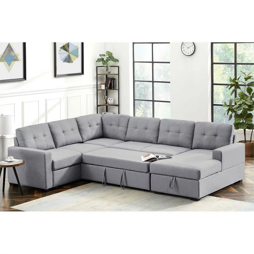 Light Gray Linen Sleeper Sectional Sofa with Storage Chaise M662