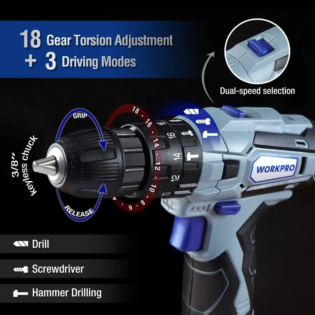 12V Cordless Drill 177 Pieces Combo Kit with Storage Bag and Lithium-Ion Battery & Charger Z613