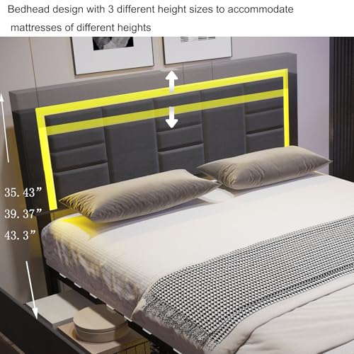 Queen LED Bed Frame with 4 Storage Drawers, Linen Upholstered, Adjustable Headboard, Grey S73472