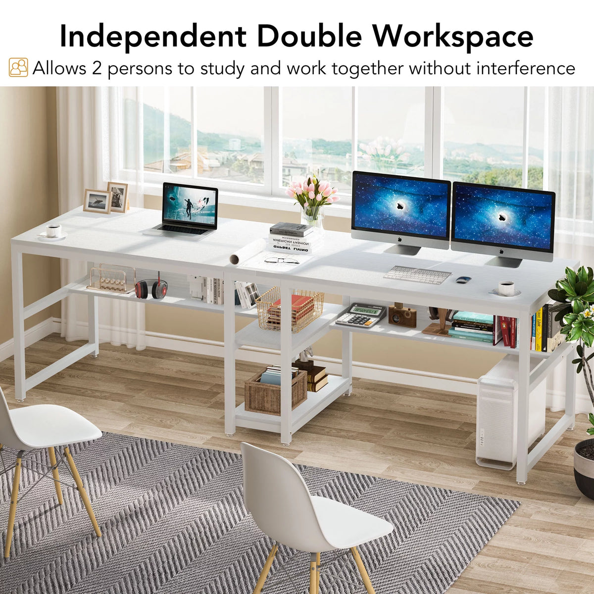 White Two Person Desk with Bookshelf C2577