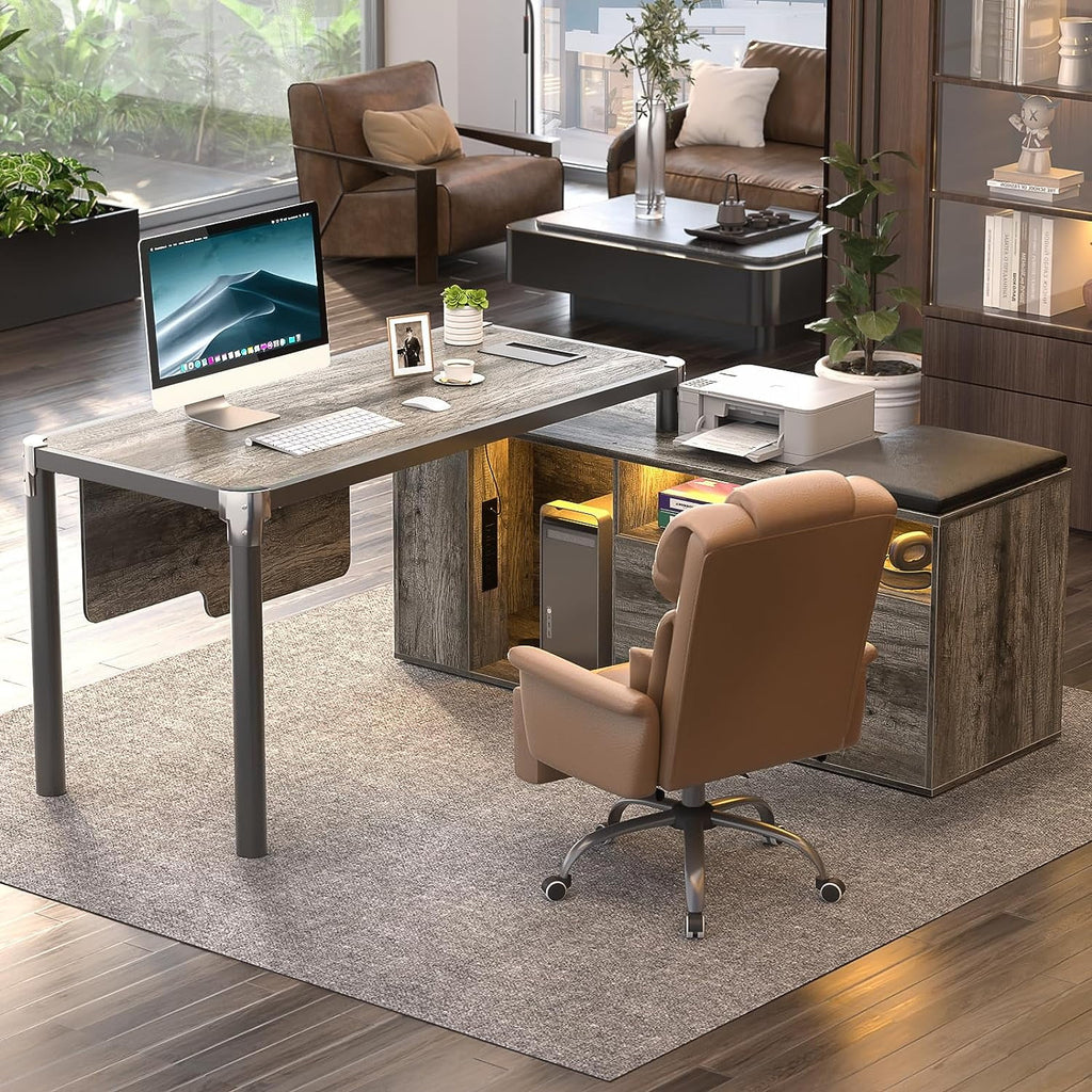 Grey 55 Inch L Shaped Desk with File Cabinet and Storage Shelf Y968580