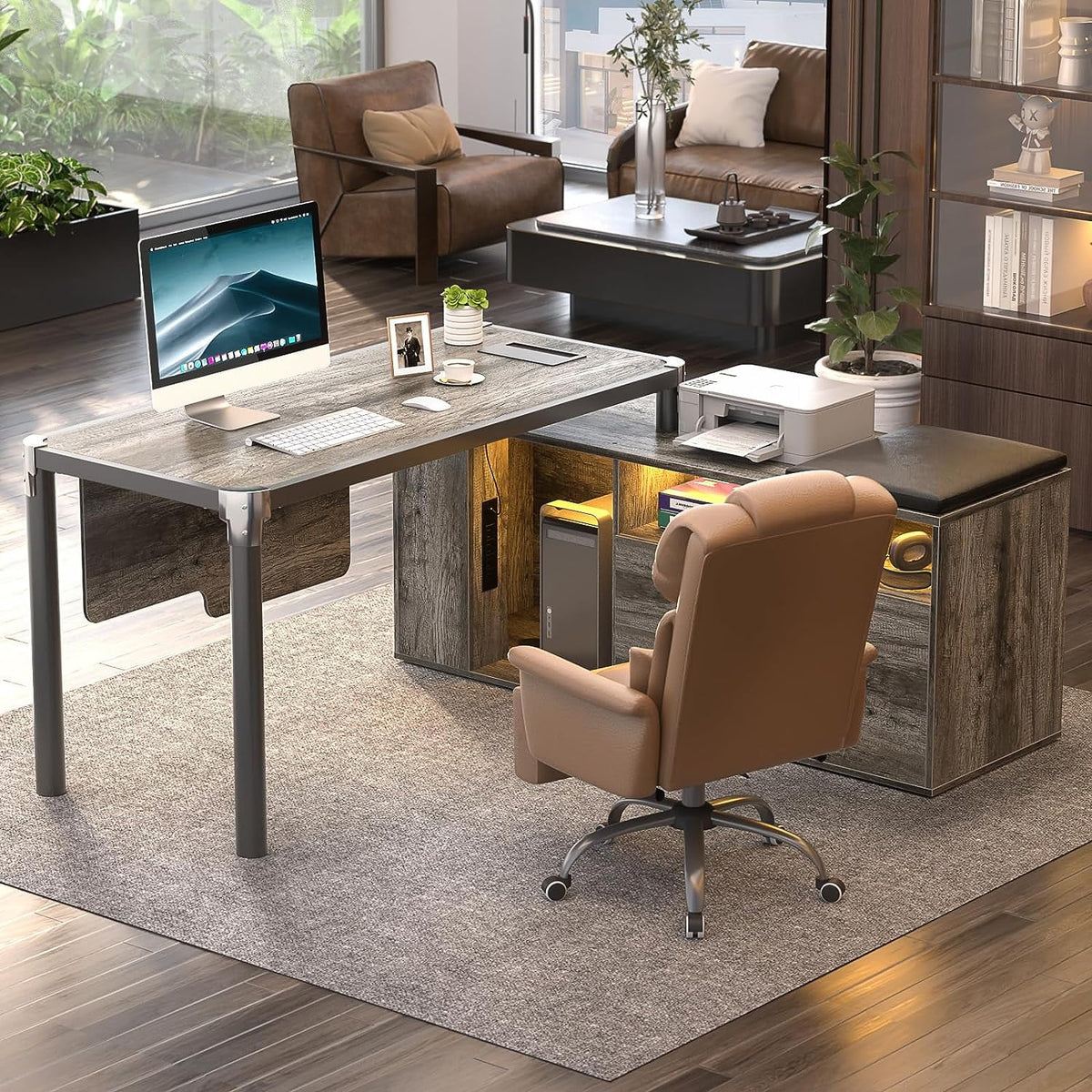 Grey 55 Inch L Shaped Desk with File Cabinet and Storage Shelf Y968580