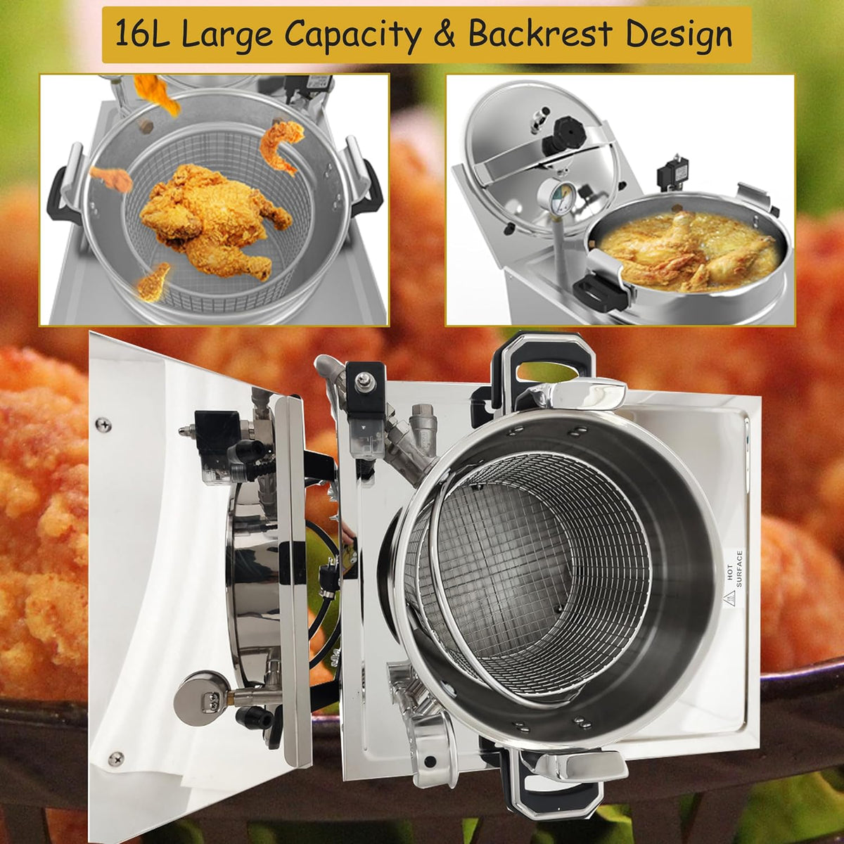 16L Stainless Steel Countertop Pressure Fryer with Timer and Variable Thermostat Y60884