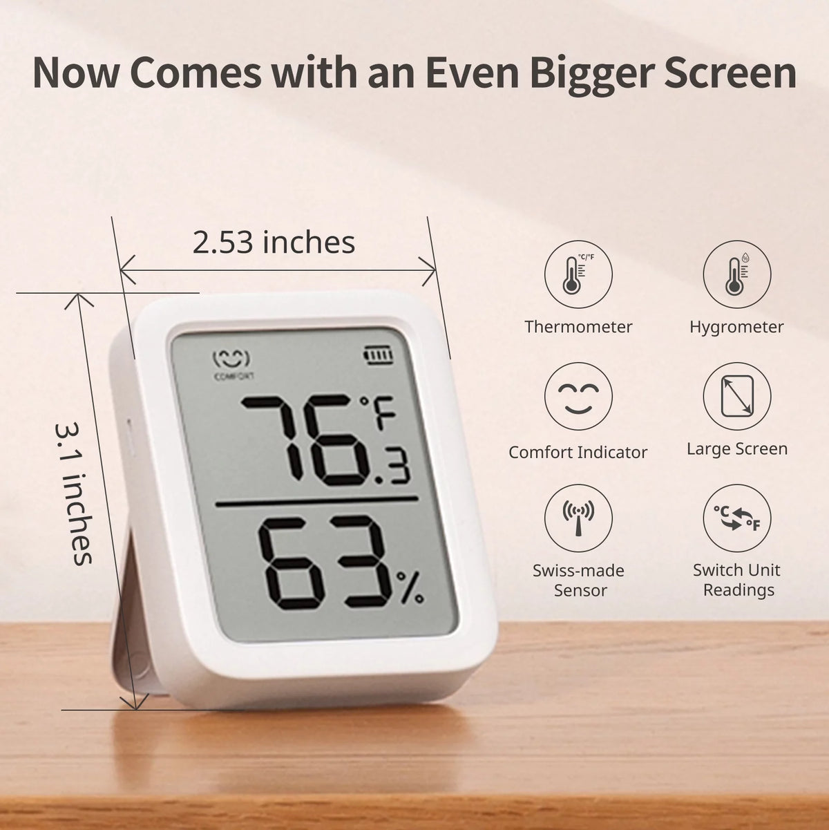 Thermometer & Hygrometer, Bluetooth Temperature Humidity Sensor, 3" LCD Display, White, 2 Pack H17993
