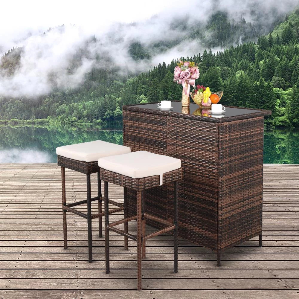 3PCS Patio Rattan Wicker Bar Table Stools Dining Set Brown G83721
