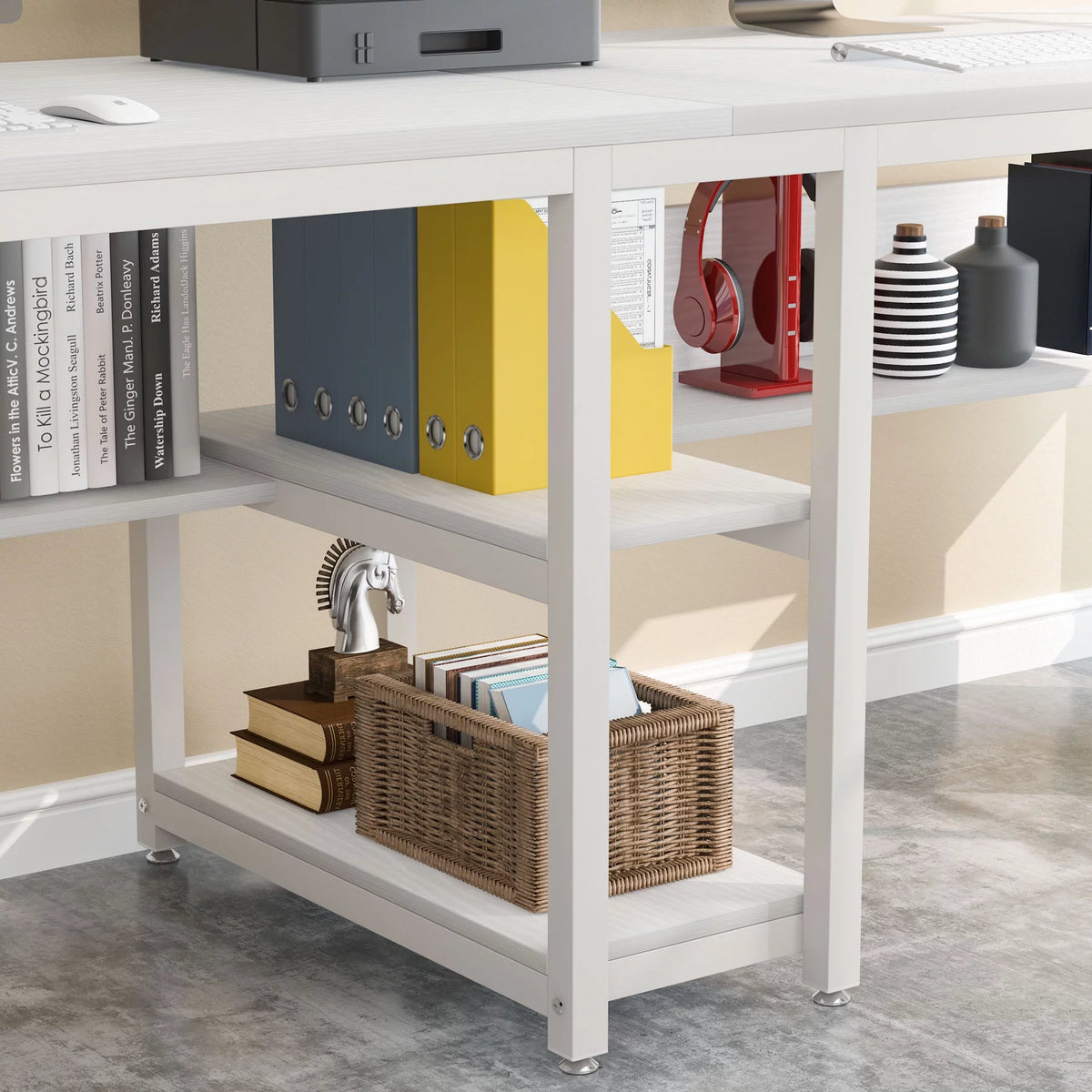 White Two Person Desk with Bookshelf C2577
