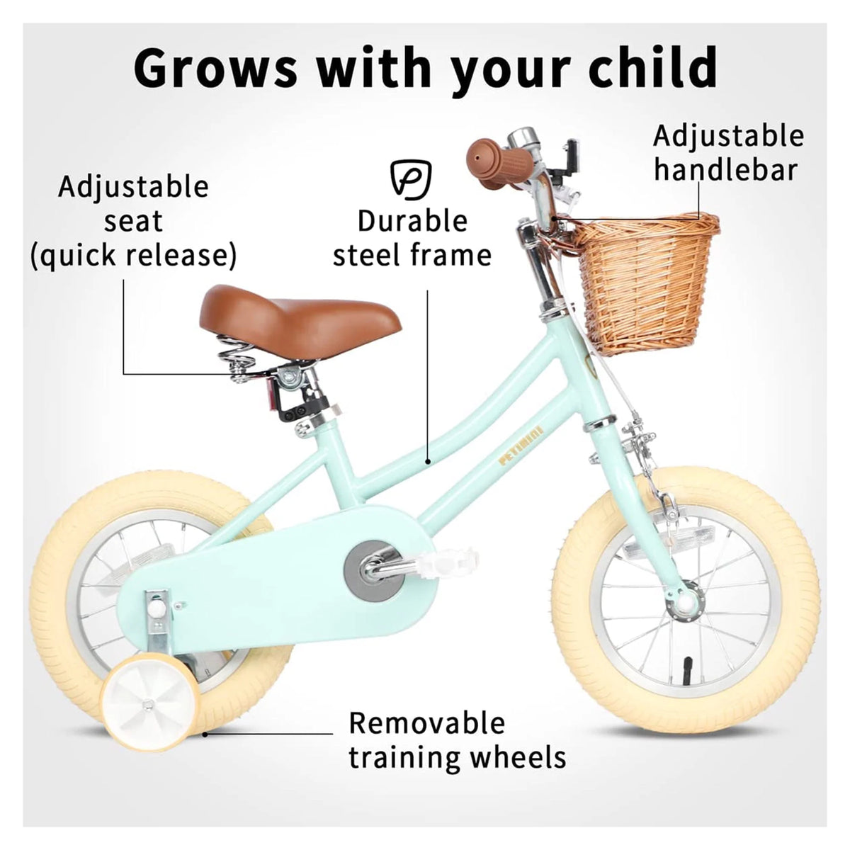 14 Inch Child Bicycle with Basket, Bell, and Training Wheels C69059
