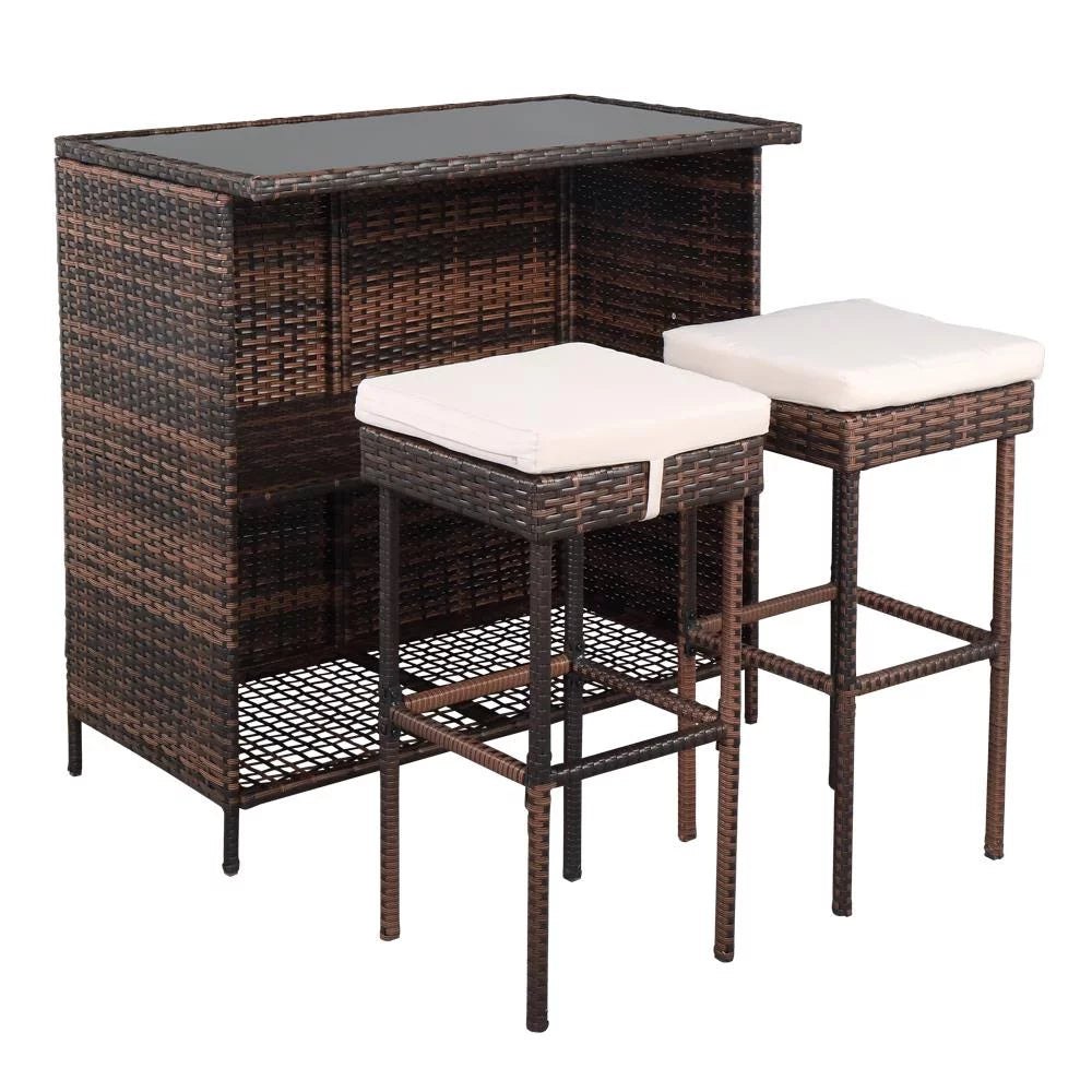 3PCS Patio Rattan Wicker Bar Table Stools Dining Set Brown G83721