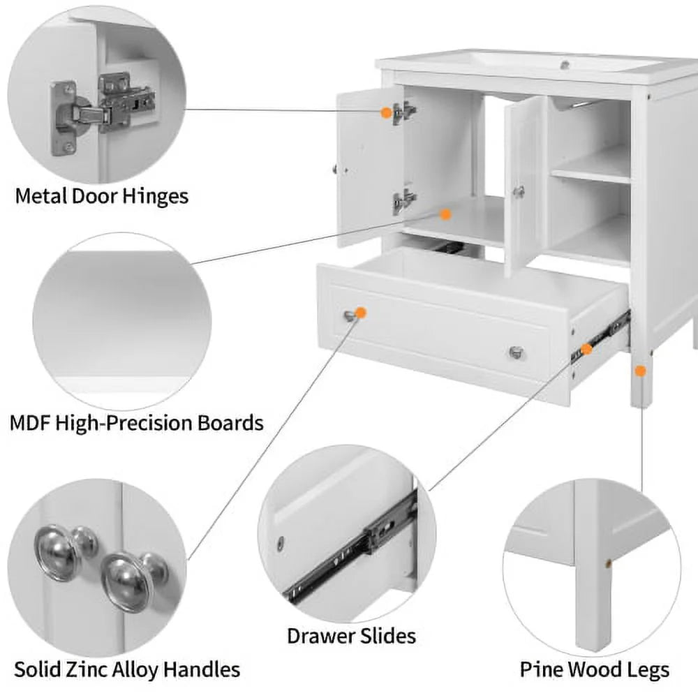 30" White Solid Wood Bathroom Vanity Base with Doors and Drawers Y118032