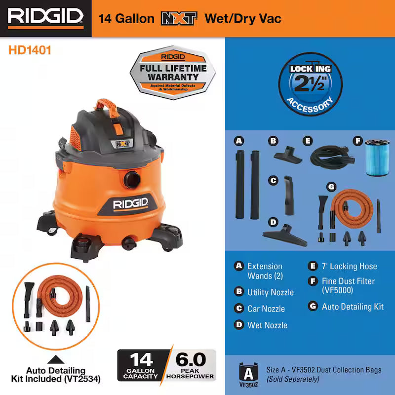 14 Gallon 6.0 Peak HP Wet/Dry Shop Vacuum with Fine Dust Filter, Hose and Accessories O427716