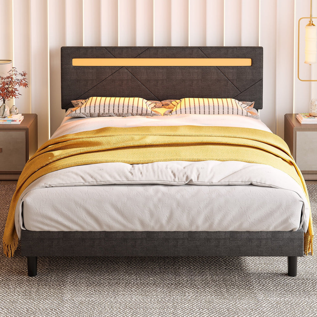 Full Size Grey Upholstered Platform Bed Frame with LED Lights P2336