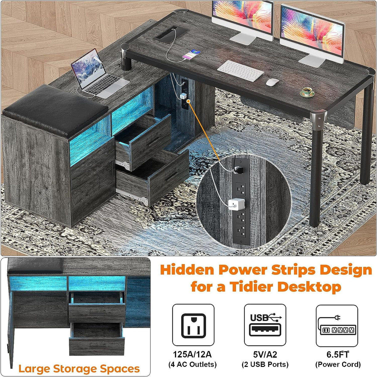 Grey 55 Inch L Shaped Desk with File Cabinet and Storage Shelf Y968580