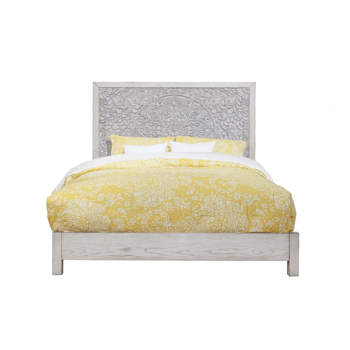 California King Panel Bed with Floral Carved Headboard Light Gray E893666