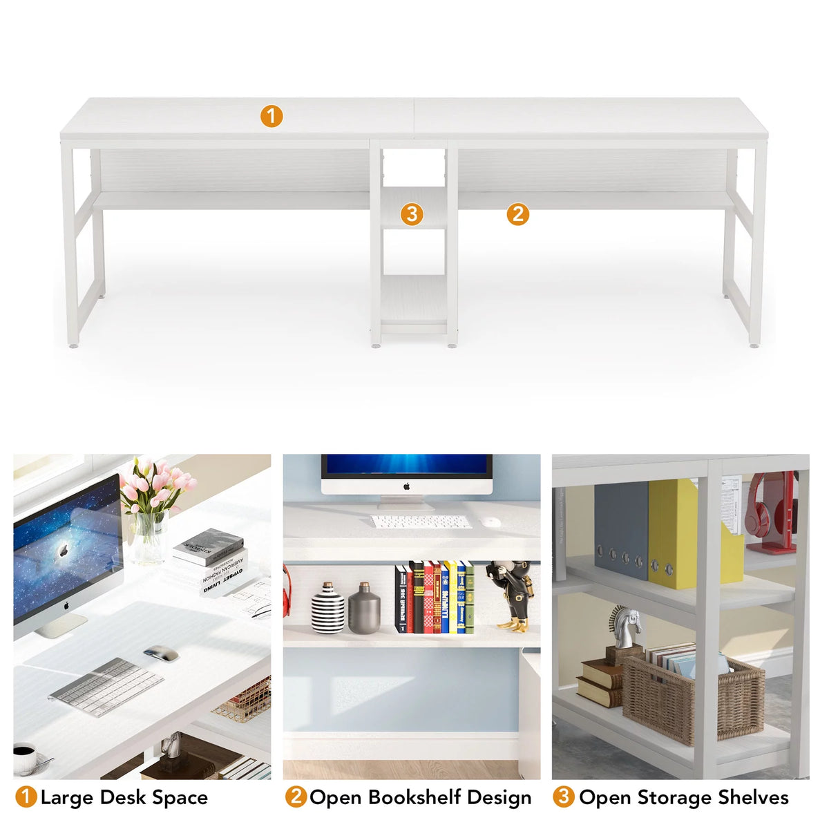 White Two Person Desk with Bookshelf C2577