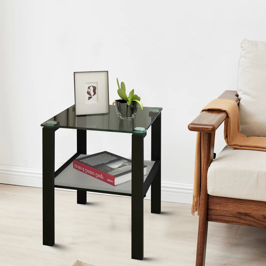 Tempered Glass Top Tea Table with Iron Tube Legs and Shelf W461517