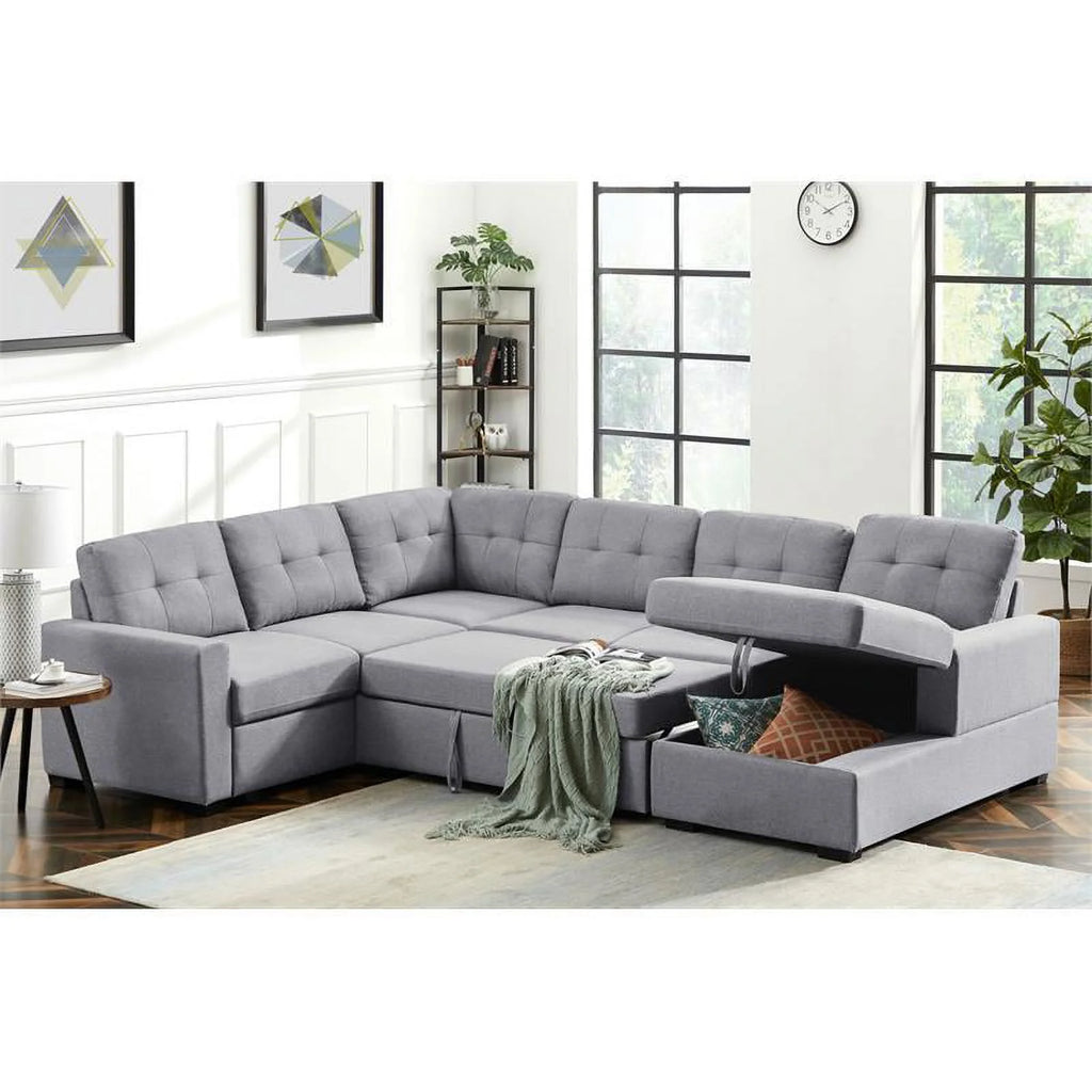 Light Gray Linen Sleeper Sectional Sofa with Storage Chaise M662
