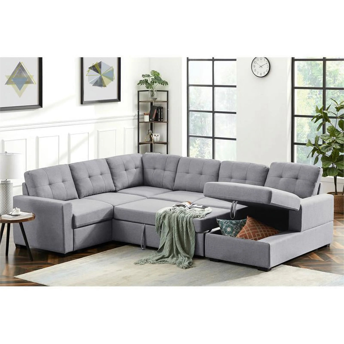 Light Gray Linen Sleeper Sectional Sofa with Storage Chaise M662
