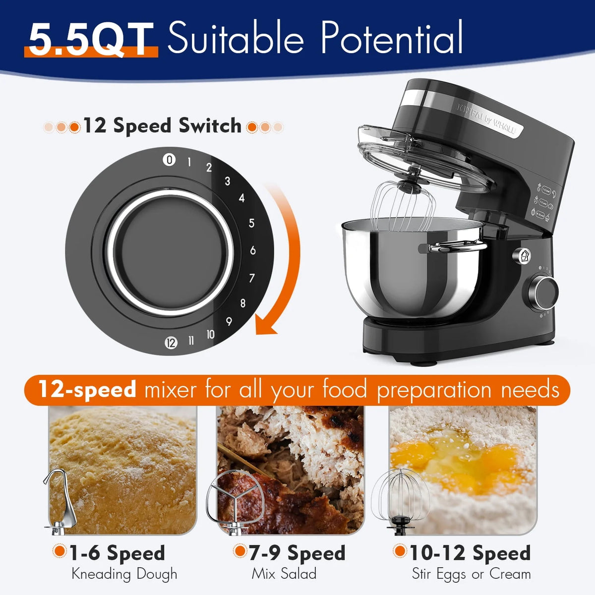 5.5Qt 12-Speed Tilt-Head Electric Kitchen Mixer with Stainless Steel Bowl F4869